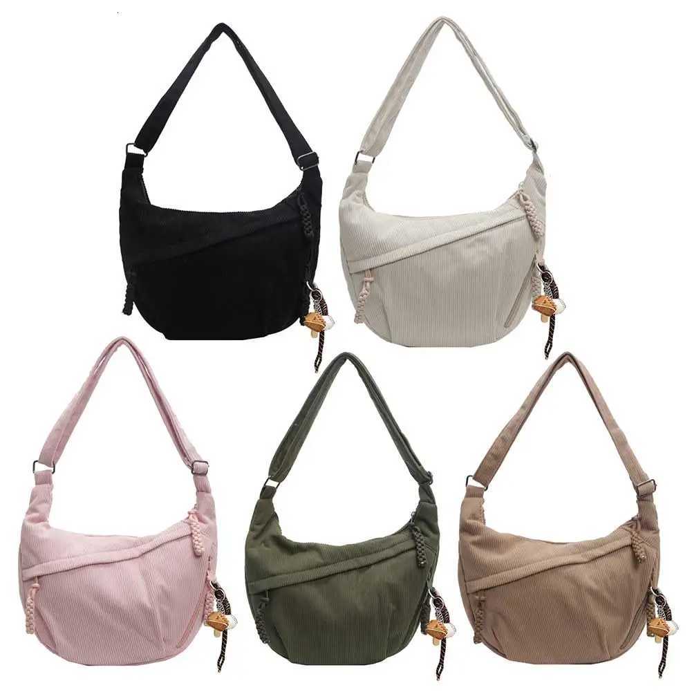 Women Fashion Shoulder Bag Multi-pockets Daily Messenger Bag Adjustable Strap Corduroy Half Moon Bag with Pendant Commuting BagT251110