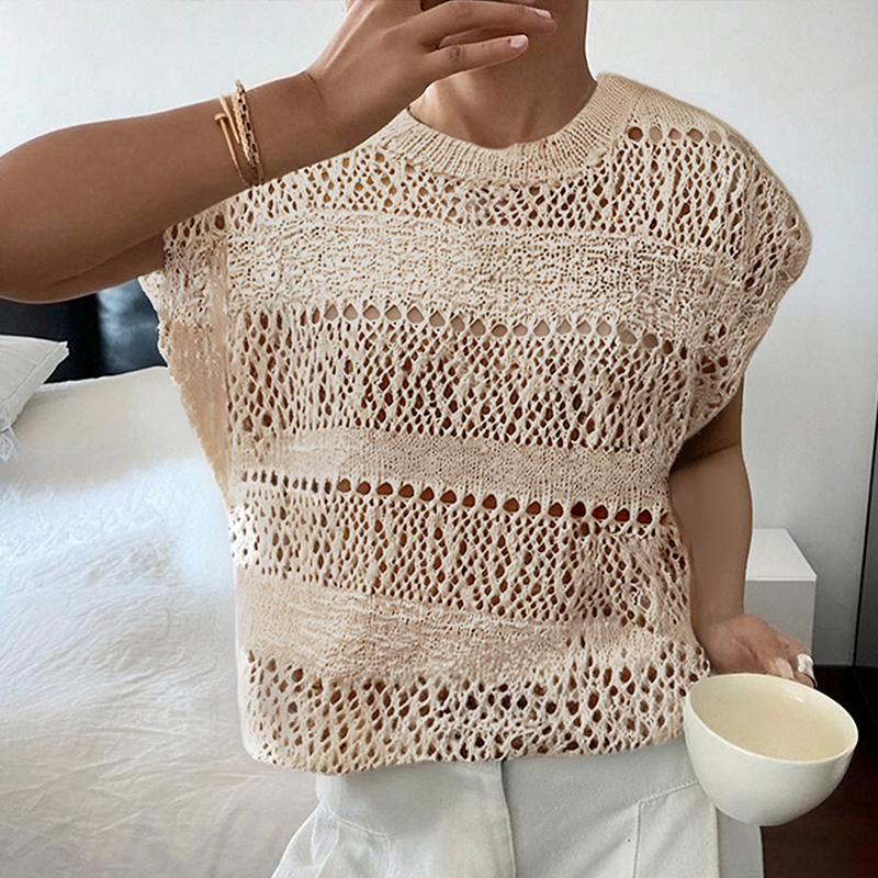 Women's solid color casual vacation sweater top, hollow texture round neck design open collar short sleeve women's shirt, daily wear loose a