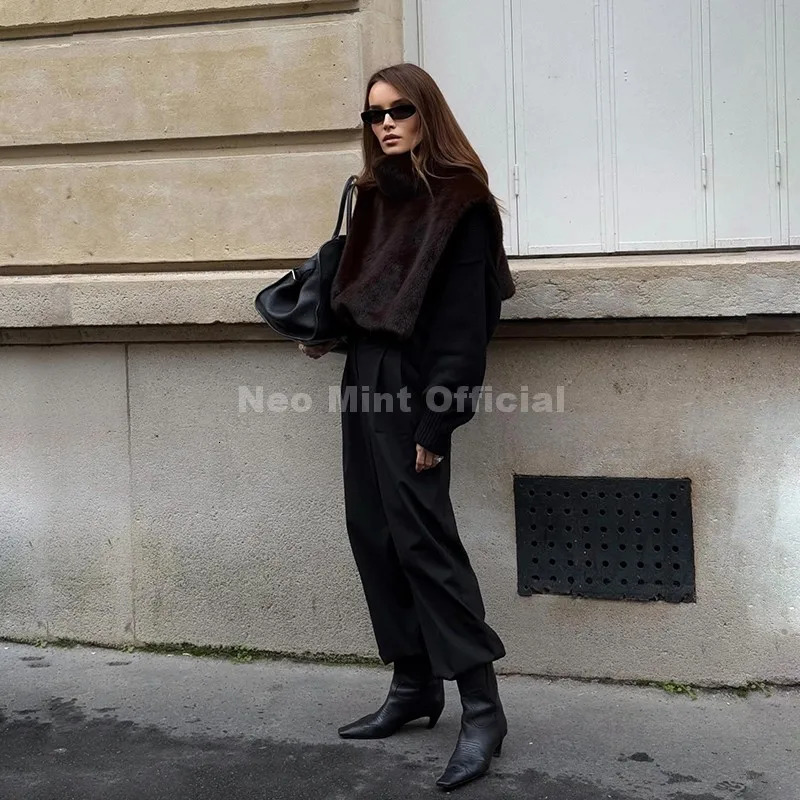 Neo Mint Eco Mink Fur Tank Top Sleeveless Jacket Coat Women Fashion Faux Fur Sable Vest Crop Autumn Winter Turtleneck 251110