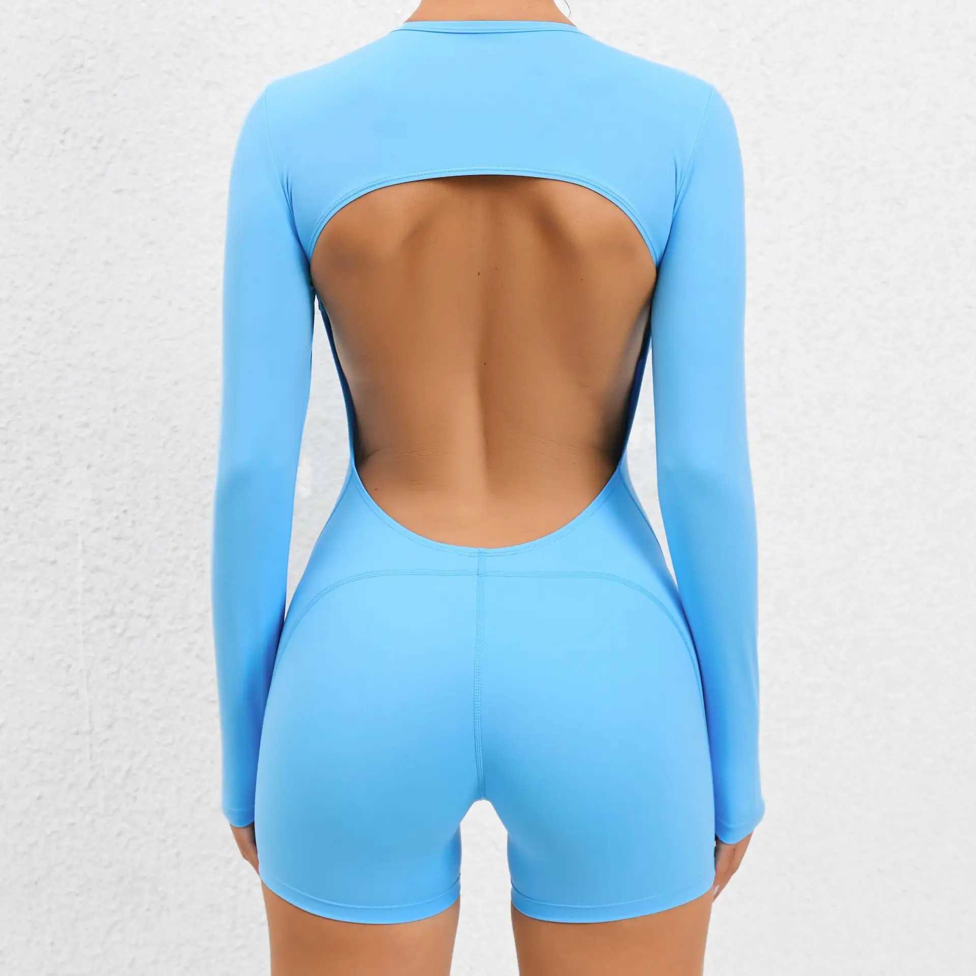 2025 backless yoga set jumpsuit one-piece short sleeved womens fitness gym jacket long sleeved womens sportswearW250411