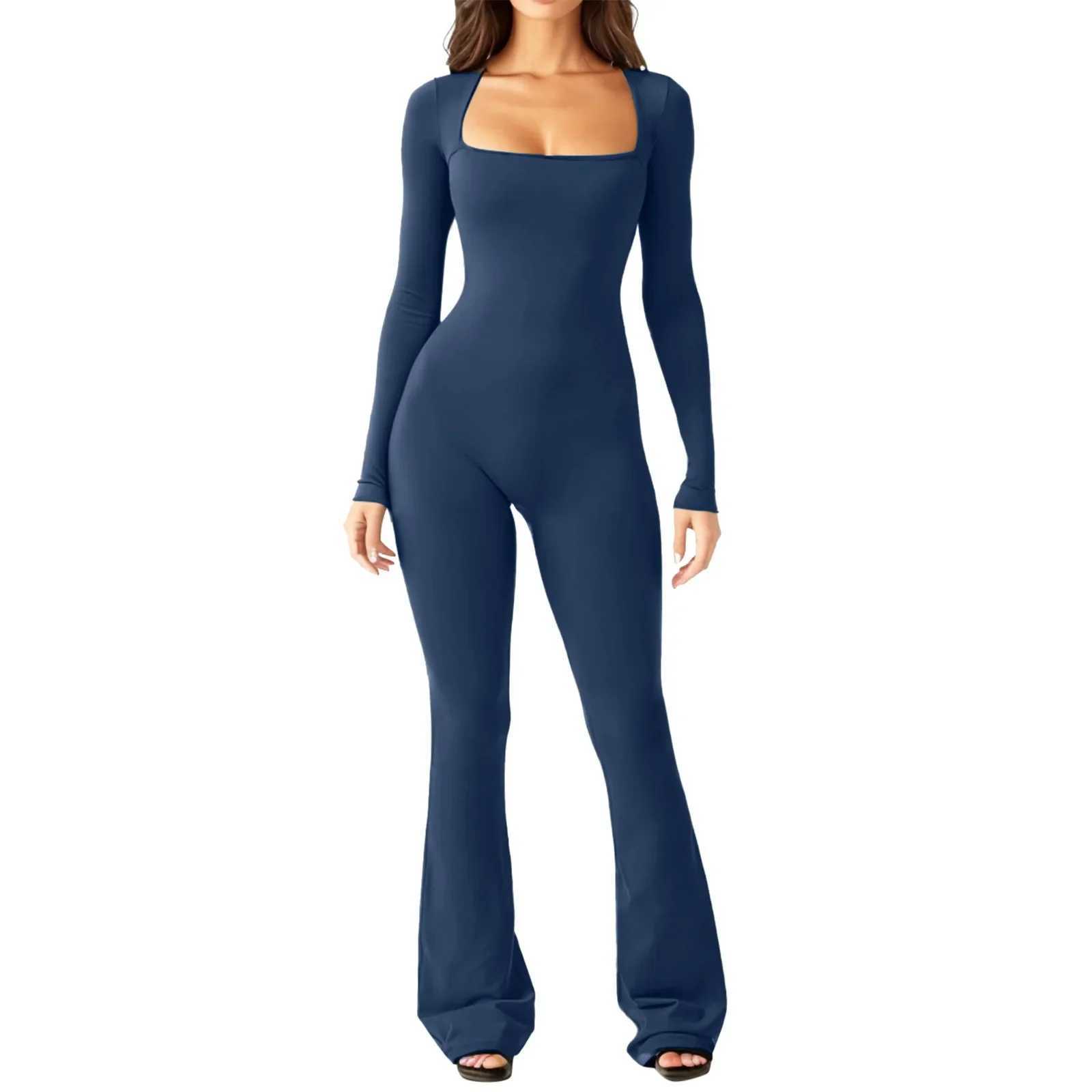 Womens yoga set with long sleeves belly tie waist and hip lifting square neck wide legs high elasticity jumpsuitW250411