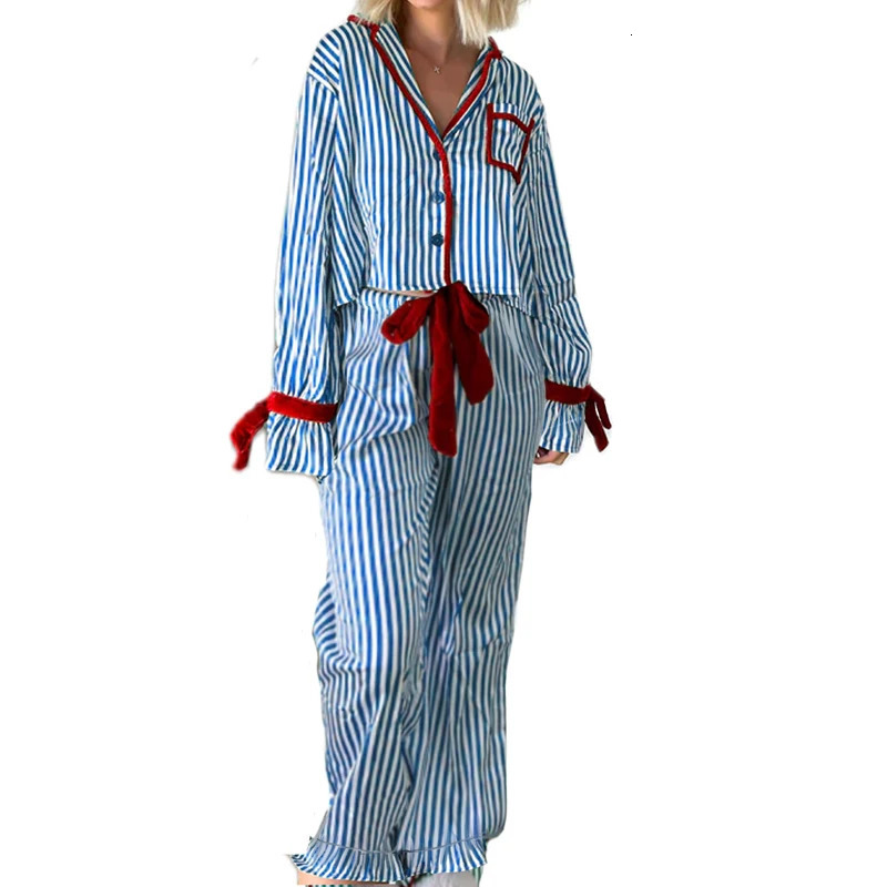 Christmas Pajamas Striped Button Up Crop Blouse Bowknot Long Sleeve Shirt Tops Wide Leg Pants Women Holiday Lounge Sleepwear 251106