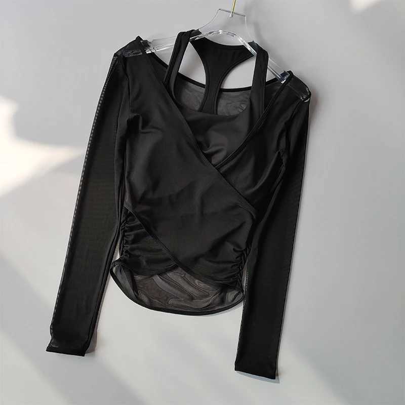 Sexy mesh weight loss yoga set a sports bra suitable for women to gather together fake two piece quick drying training Pilates coverW250411