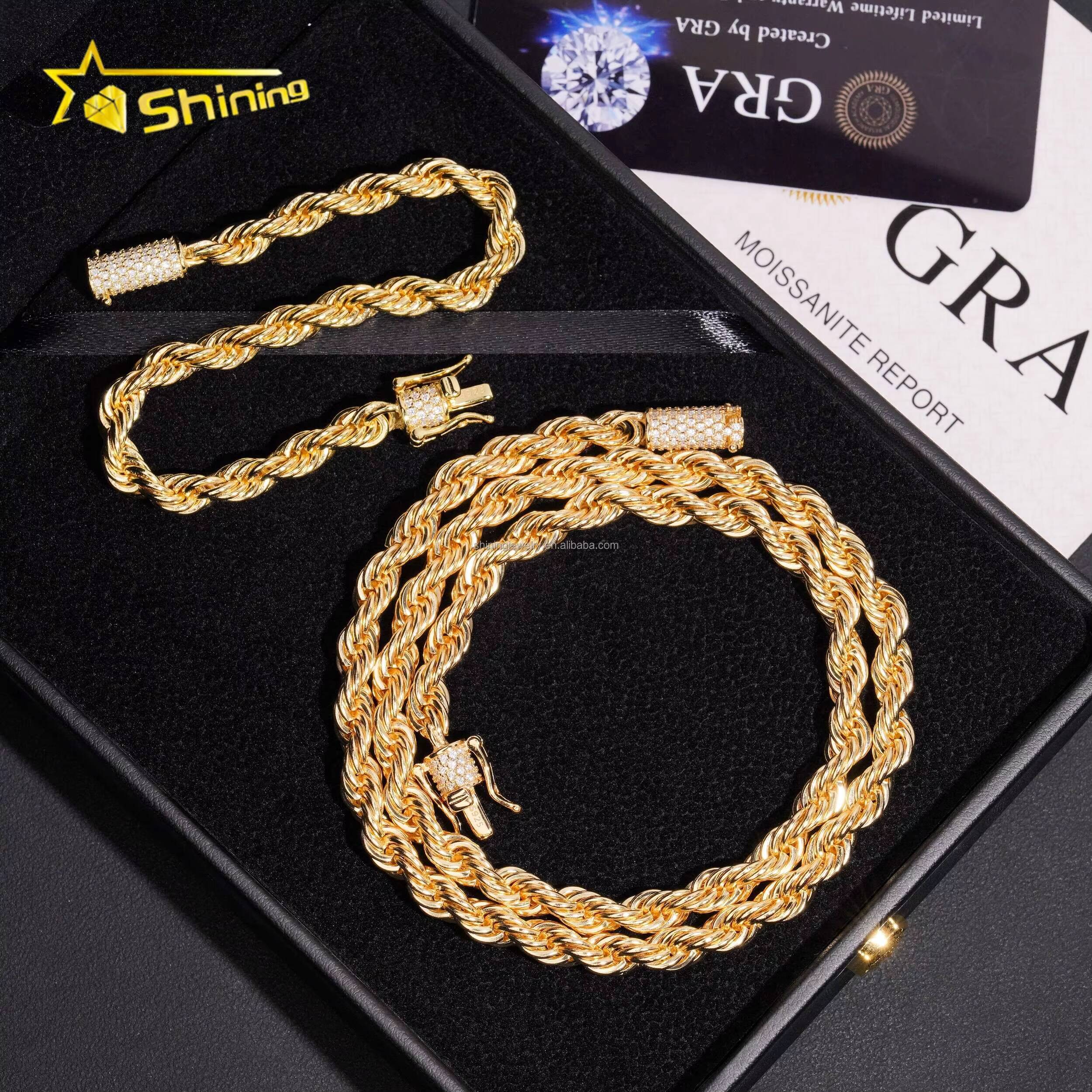 Bulk Stock Drop Shipping Fire Jewelry 6mm Width Stainless Steel 316L VVS Moissanite Clasp Diamond Rope Chain Set Hip Hop Style