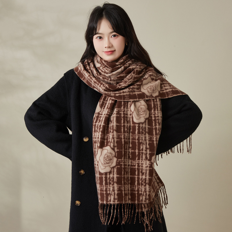 Cross-Border New Imitation Cashmere Scarf Camellia Print Versatile Neck Warmer Thickened Warm Outerwear Tassel Shawl