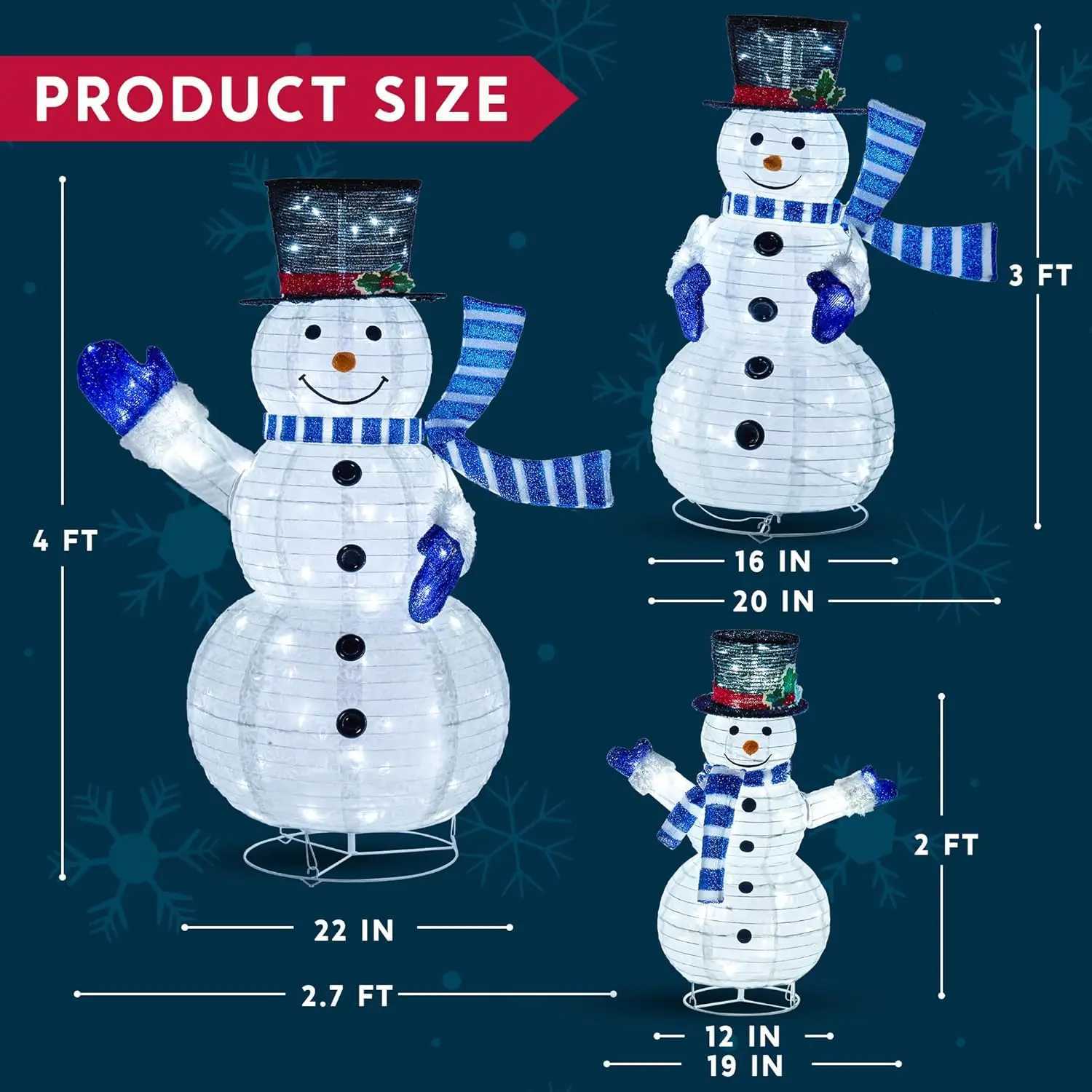 Christmas JOYFY 3 Pcs 3D Christmas Collapsible Snowman Yard Light 270 Pre-Lit LED Cool White Light for Indoor Outdoor Garden Holiday Dcor Y251111