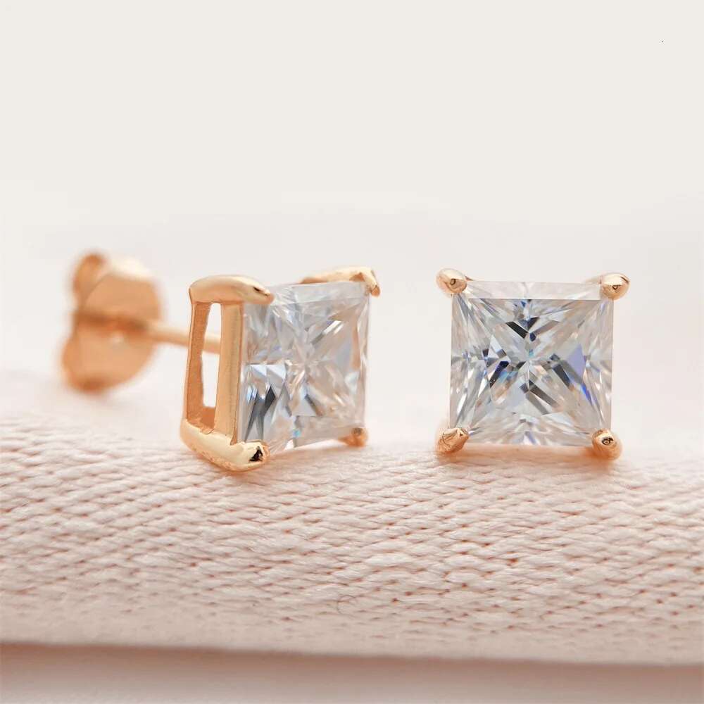 0.4-4CT Princess Cut D Color VVS Moissanite Rose Gold Stud Earrings S925 Silver Earrings Top Quality Jewelry for Women Men