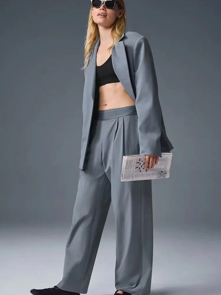 High waisted yoga wide leg pants for women spring casual straight sports solid blue clothes 250411e