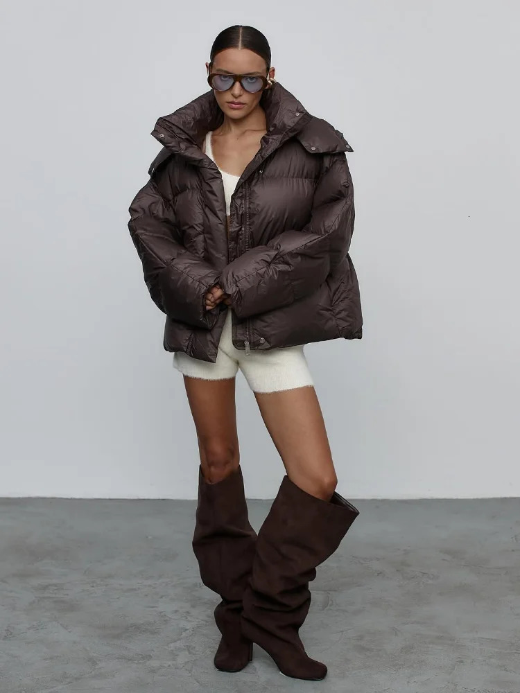 Casual Hooded Cotton Coat Women Brown Stand Collar Zipper Pocket Short Loose Jacket Winter Lady Warm Daily Commuter Outwear 251106