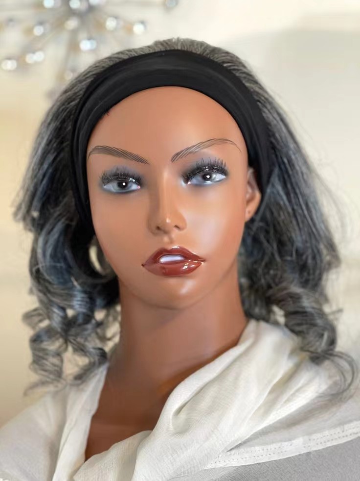 Salt and pepper gray headband wig human hair short salt pepper natural highlights black mixed grey wig with headband glueless machine made wig