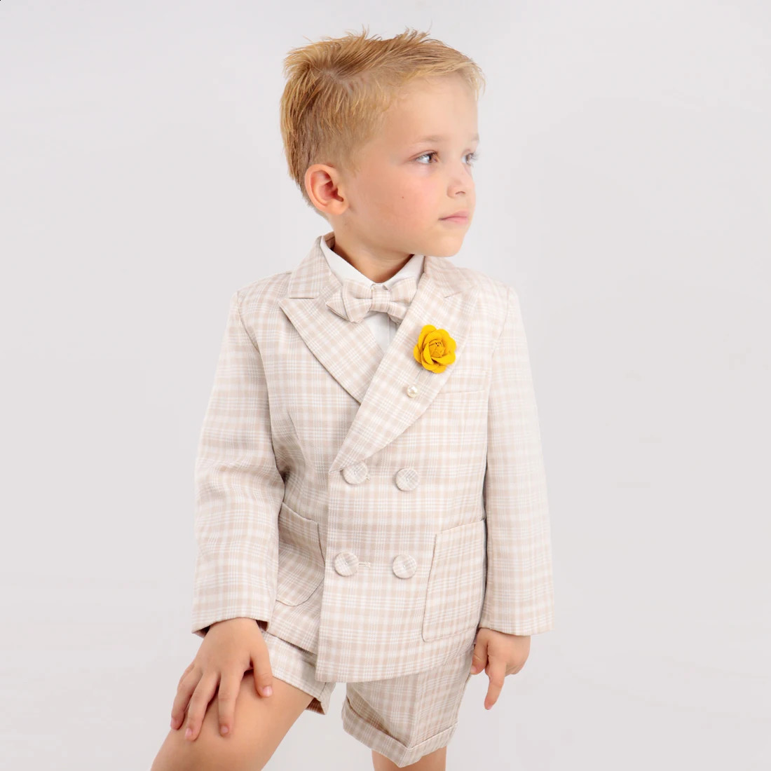 Baptism Suit for Baby Boy Khaki plaid Formal Jacket Infant Gentleman Clothing Set Outfit Wedding 1st Birthday Party Dress Suit 250410