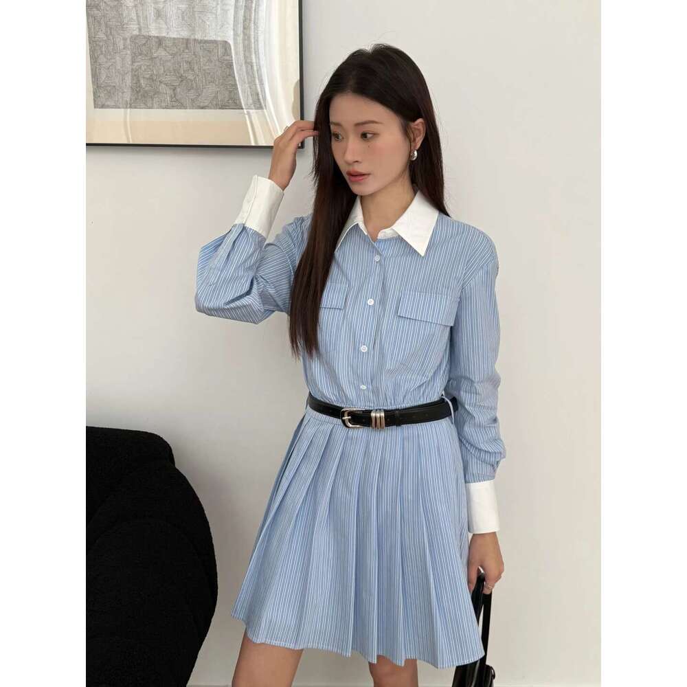 SS Blue White Vertical Stripe Shirt Dress Korean Style, Oversized Loose Tunic With Contrast Collar & Slimming Belt