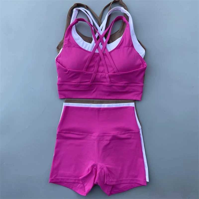 Solid color gym bicycle yoga set short leg+cross sports bra track and field suit womens gym set comprehensive training joggingW250411