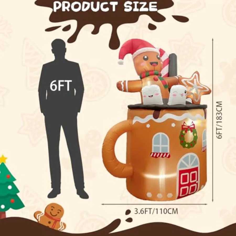 Christmas 6FT Christmas Inflatable Outdoor Decoration Featuring a Gingerbread Man in a Hot Cocoa Mug Blow Up Christmas Decorations for La Y251111