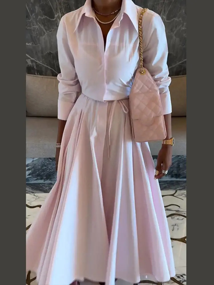 Elegant Solid Shirt Maxi Skirt Dress Set Womens Formal Long Sleeve Lapel Shirts A-line Skirts Loose Fit Office Female Outfit 251105