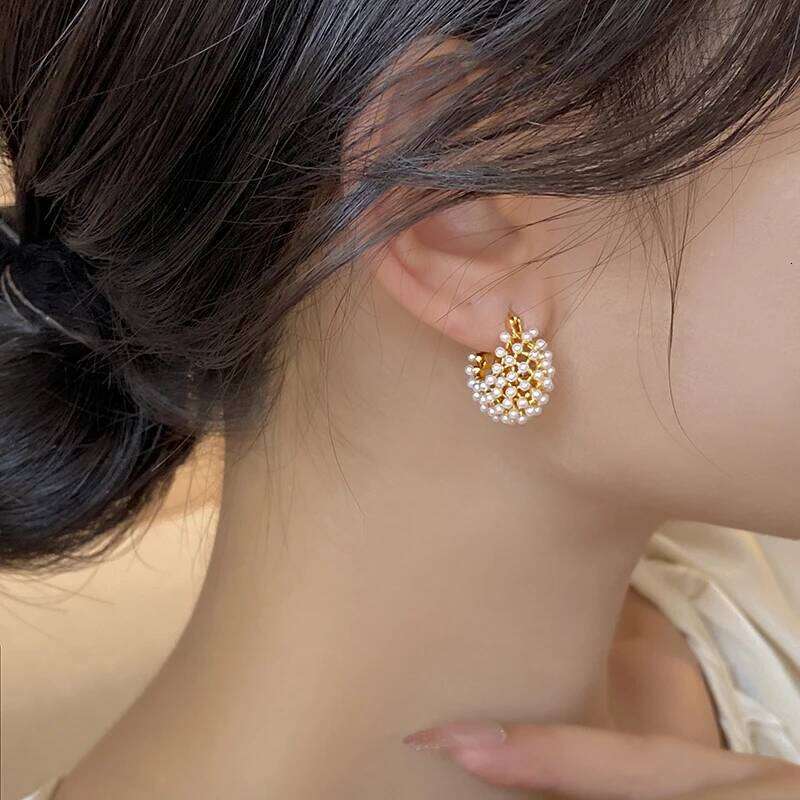 2025 New Design Rice Pearl Embellished Metal Flower Basket Earrings For Korean Women's Fashion Jewelry Ear Accessories
