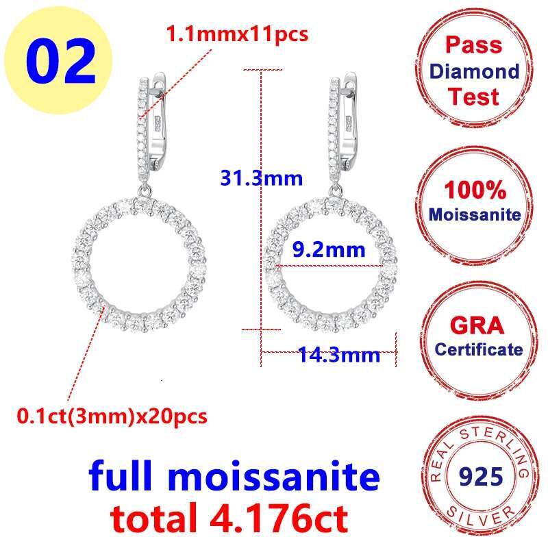4.176ct Full Moissanite Real D Color Wedding Earrings for Women Gift S925 Sterling Silver Square Drop Ear Fine Jewelry