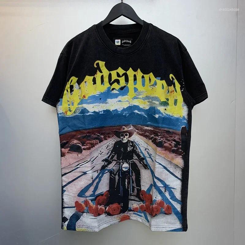 Men's T Shirts Euro-american Crew Neck Top Skeleton Knight Pattern Back Foam Letter Print Male Female Fashion All-match T-shirt