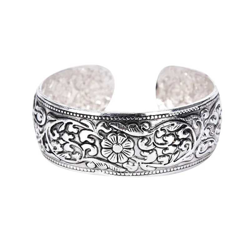 New Tibetan Silver Totem Bangle Carved Lucky Flower Bangle Cuff BraceletC250410