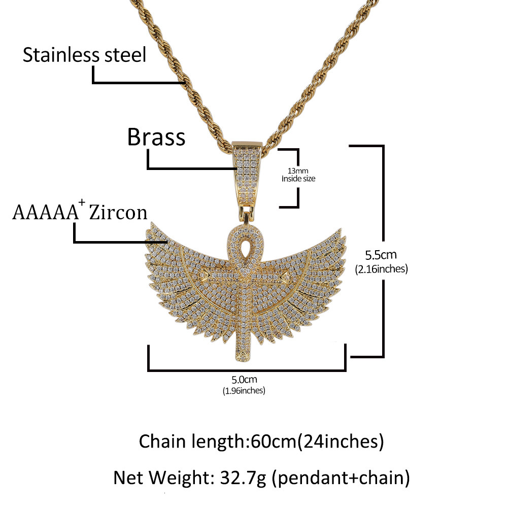 Hip Hop New In Large Ankh Cross With Wings Pendant Full Diamond Cz Stones 14k Real Gold Mens Rap Iced Out Cubic Zirconia Necklaces Punk Rock Collar Bi