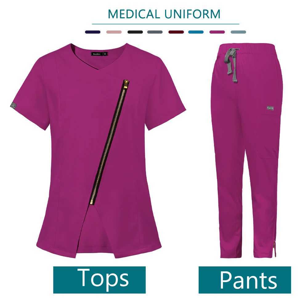 Womens medical nurse workwear frosted unified operating room top and pants fashionable beauty pet veterinarian zipper healthcare kit X2504101