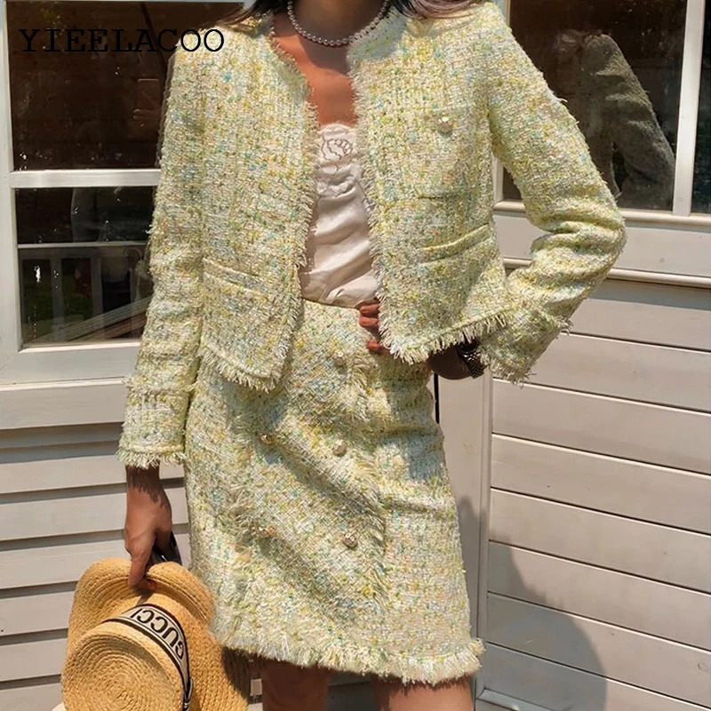Light Green Womens Skirt Set Professional Spring /Autumn Tweed Jacket Skirt Sets Business Ladies skirt 2-piece set 251106
