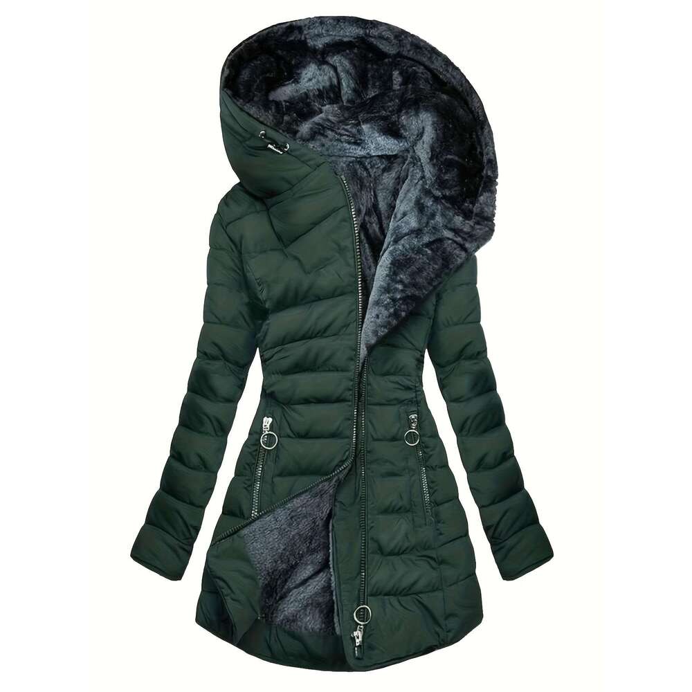 Women's Warm Quilted Parka Padded With Hood, Full-Zip Front & Belt Adjustable Waist Mid-Length Long Sleeve Outerwear For Cold Weather