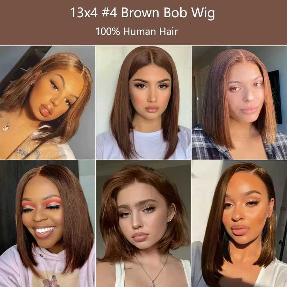 220 Density Full Frontal 13x4 HD Transparent Lace 4 Chocolate Brown Straight Short Bob Wig Human Hair Wigs Pre Plucked WigT251111