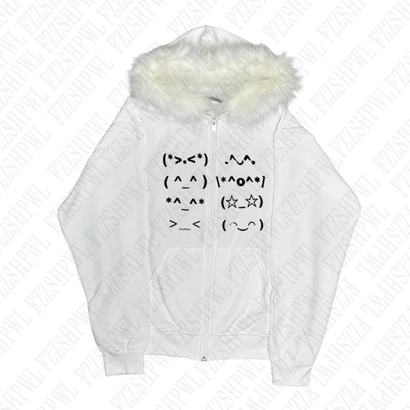 Casual Faur collar Harajuku Streetwear Hiphop Zipper Hoodie sweatshirt Vintage Rock Goth Loose Punk EMO Y2K Zip up hoodie Jacket 251105