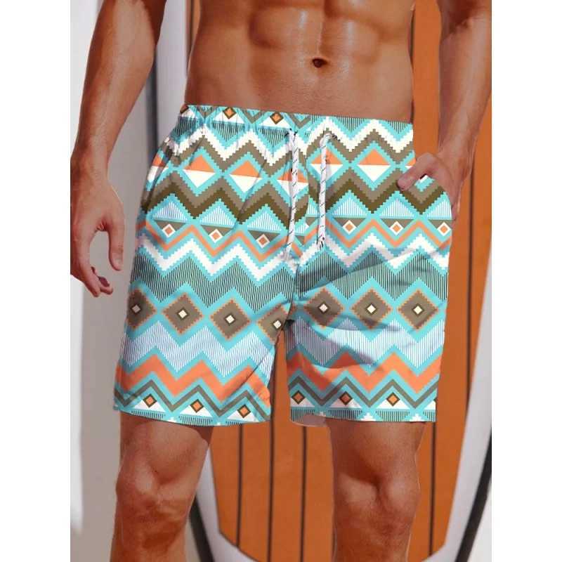 Retro geometric swimming rod mens shark tree 3D printed beach shorts summer casual quick drying sports loose surfing shortsW250410