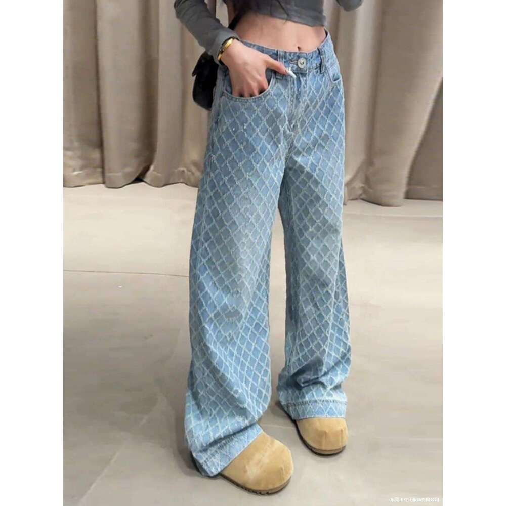 Designer clothing Designer clothing European early spring new high waisted hanging wide leg pants for women, worn diamond grid loose floor pants, blue