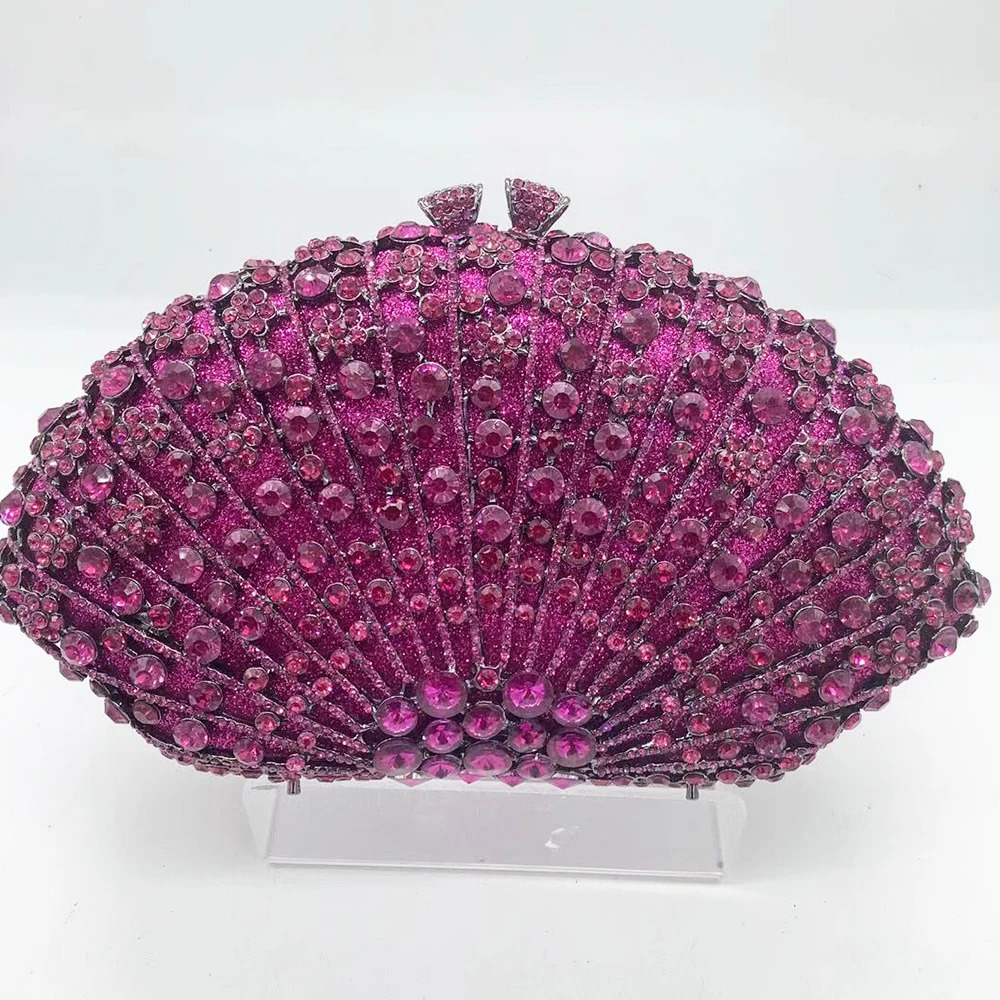 Fuchsia Pink Rhinestone Evening Bags Fan Women Diamond Wedding Purses Crystal Party Minaudiere Lady Dinner Cocktail Clutches 251106