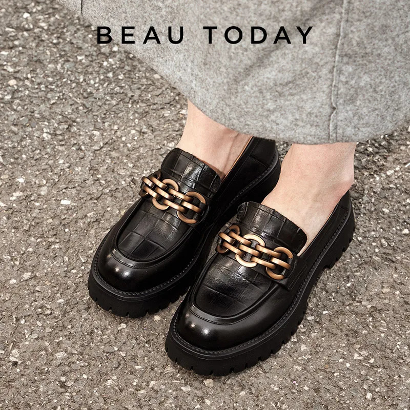 BeauToday Loafers for Women Genuine Cow Leather Round Toe Metal Chain Slip-on Ladies Platform Shoes Handmade I27748 251110