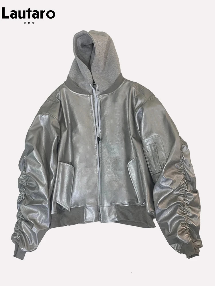 Lautaro Autumn Winter Oversized Thickened Warm Red Black Pu Leather Jacket Men Unisex Clothes Cool Grey Hoodie 251103