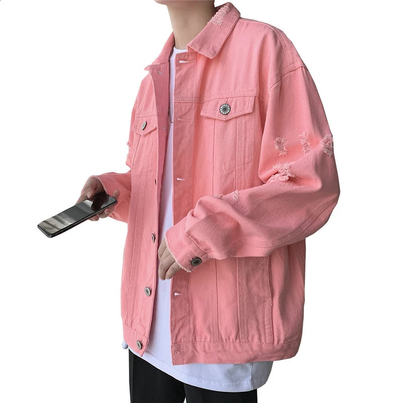 autumn mens denim jacket ultrathin slim fit cotton red white black cracked hole Jean Coats plus size M5XL 250401