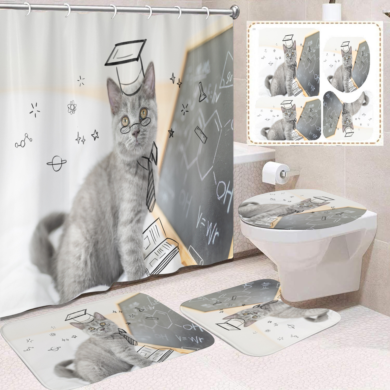 YL-37687 Black and White Cat Shower Curtain Waterproof and Mildew-proof Digital Print Shower Curtain Four-Piece Set