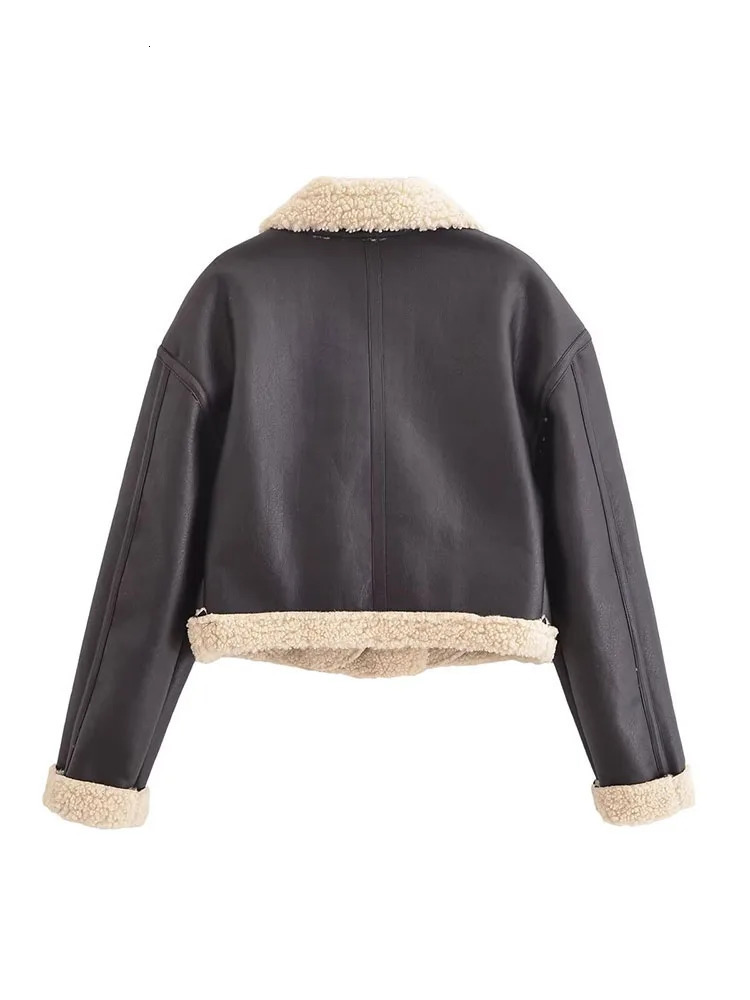 HH Womens Winter Short Motorcycle Jacket Fur One-piece Jacket Retro Lapel Zipper Pocket Decoration Womens Street Wear 251106