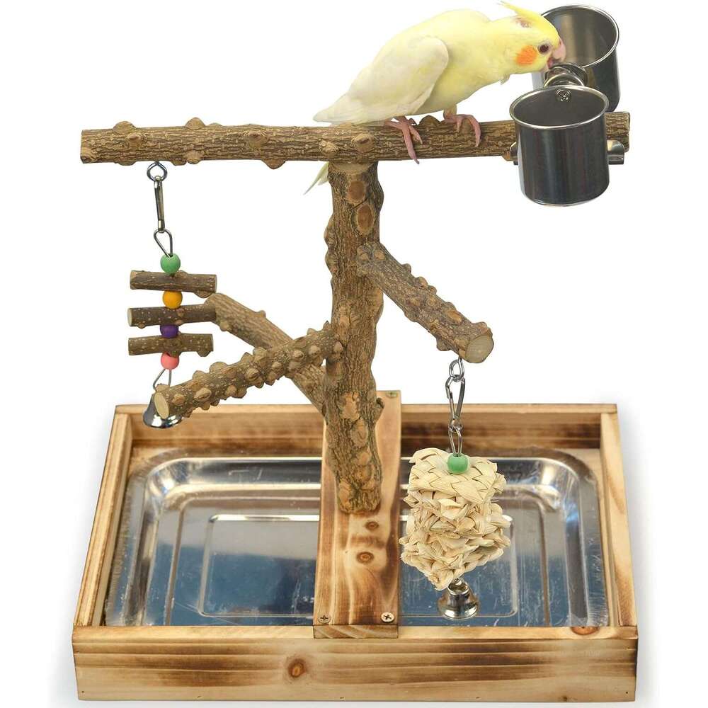LIMIO Large Beige Bamboo Bird Playground with Removable Tray and 2 Cups