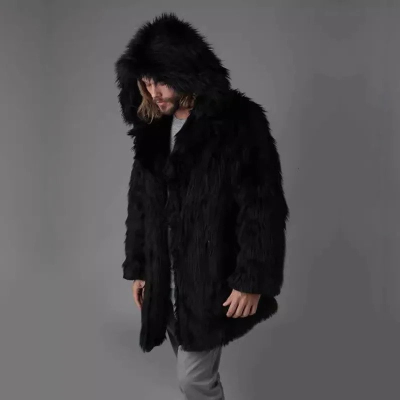 Men Hooded Faux Fox Fur Coats Solid Overcoats Mid Lenth Long Sleeves Open Stitch Loose Fit Casual Streetwear 2025 Autumn Winter 251105