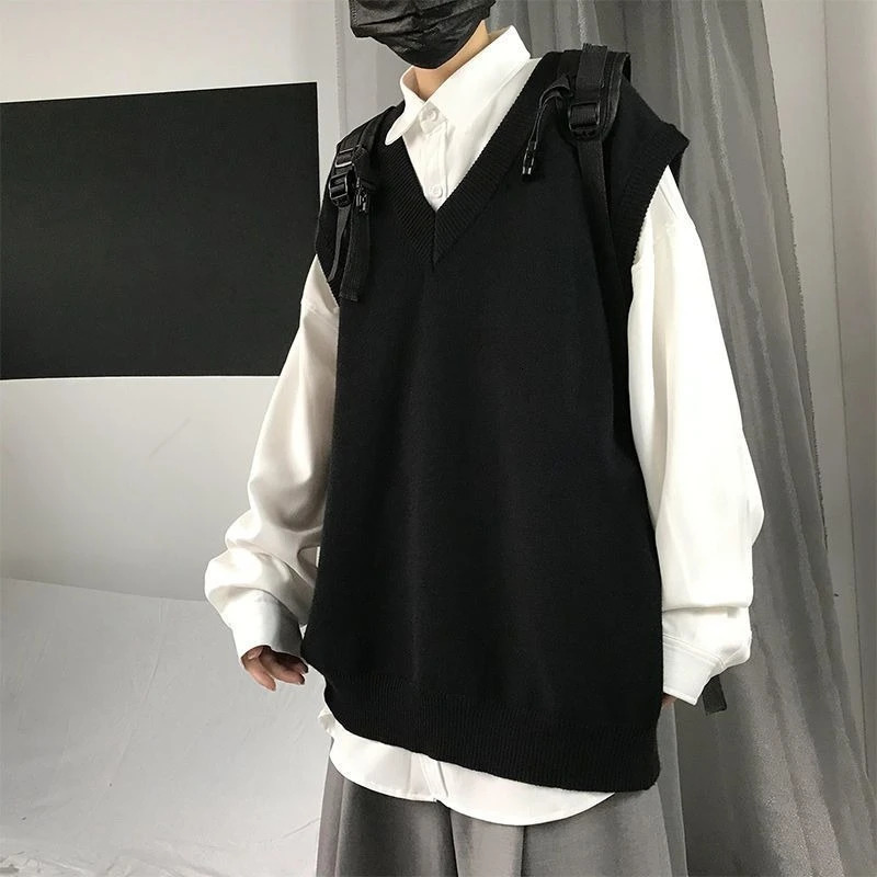 Mens Autumn Solid Color Loose V Neck Knitted Sweater Vest Korean Style Trendy Sleeveless Cardigan Outerwear 251104