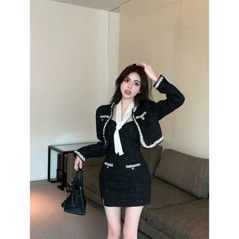 Womens Tweed Set Black Jacket And Mini Dress Two-Piece Ensemble Short Skirt Suit for Petite Ladies Autumn Fashion Trend 251106