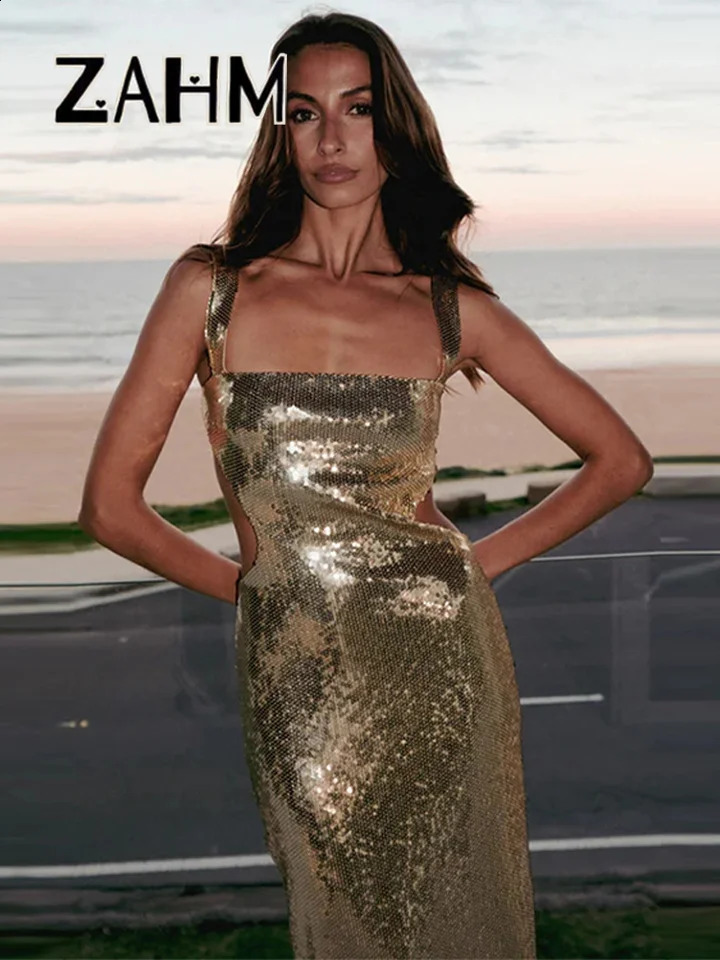 Sexy Square Neck Sling Long Dress Women Slim Sleeveless Backless Hollow Out Maxi Dresses 2025 Lady Party Christmas Gowns 250409