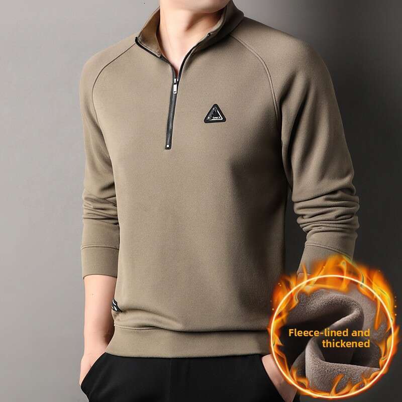 Solid Color Half-Zip Stand Collar Long Sleeve Sweatshirt For Men, Autumn And Winter Trendy Fleece Lined Thickened Casual Base Shirt Top Wholesale