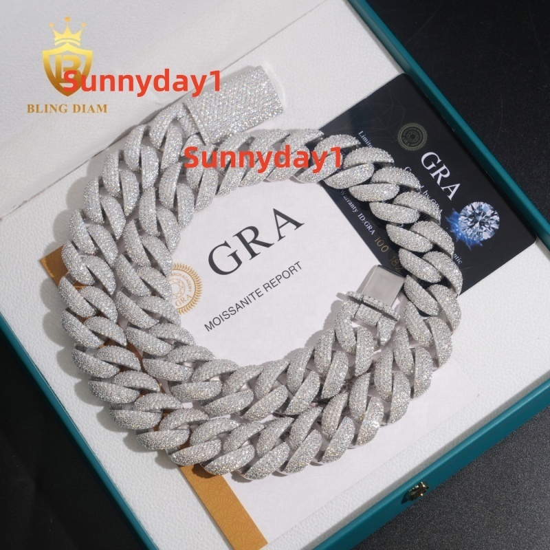 Hip Hop Fine Jewelry Rapper Sterling Silver 925 Necklace Iced Out VVS Moissanite Diamond Miami Cuban Link Chain Necklace