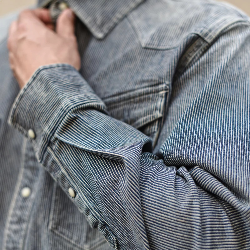 Sauce Zhan Heritage Stripe Western Heavyweight Distress Denim Shirt Autumn Mens Casual Long Sleeve Regular Fit 250411