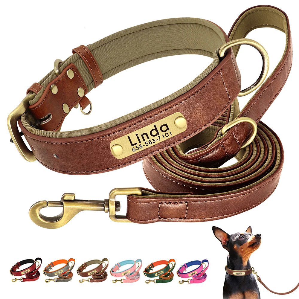 Customized Leather Dog Collar Leash Set Soft Padded For Small Medium Large Dogs With Free Engraved Nameplate 251110