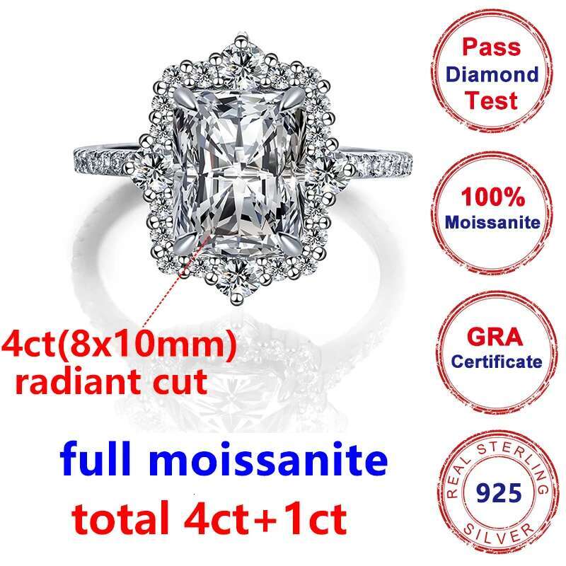 5CT Full Moissanite Diamond Womens Radiant Ring Wedding Rings 925 Silver Plated 18k White Gold Fine Jewerly Ring for Women