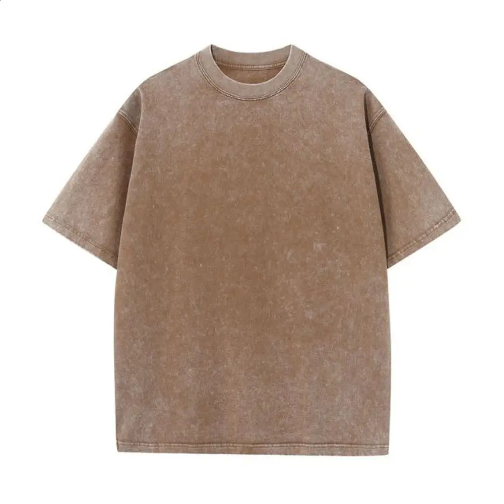 230G pure cotton retro T-shirt with off shoulder sleeves mens retro short sleeved T-shirt solid color hip-hop loose T-shirt 250411