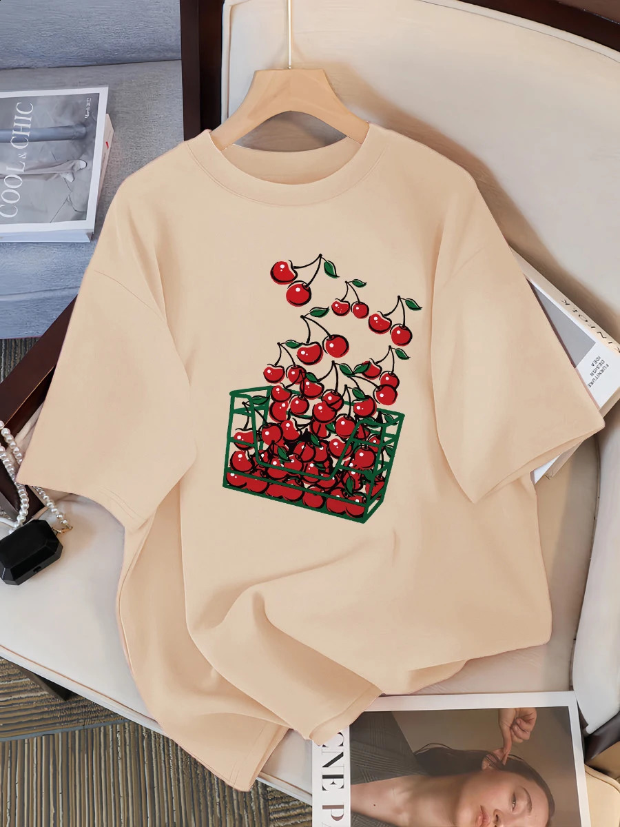 A Basket Of Cherries Printing Female Tee Shirt Breathable Casual T-Shirts Summer Short Sleeve Soft Loose Streetwear Women 250410