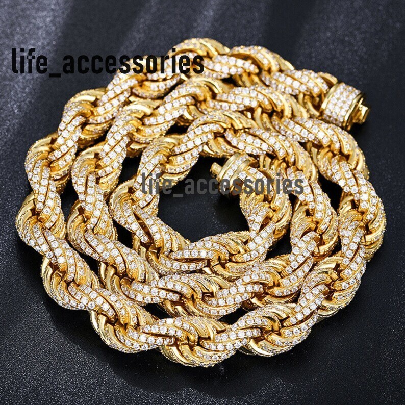 12mm Moissanite Diamond Twist Rope Chain 925 Sterling Silver Chain Hiphop Iced Out Rope Bling Rappers Chain